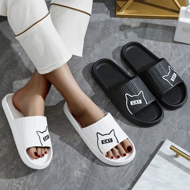Summer Cartoon Cat Couple Home Shoes Non-slip Flat Slides Lithe Sandals For Women Men Slippers Male Indoor Flip Flops