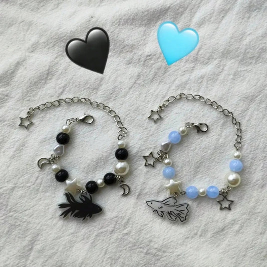 Crystal Star Pentagram Imitation Pearl Bracelet for Women Girl Vintage Aesthetic Charm Bead Fish Chain Bracelet Jewelry Gift