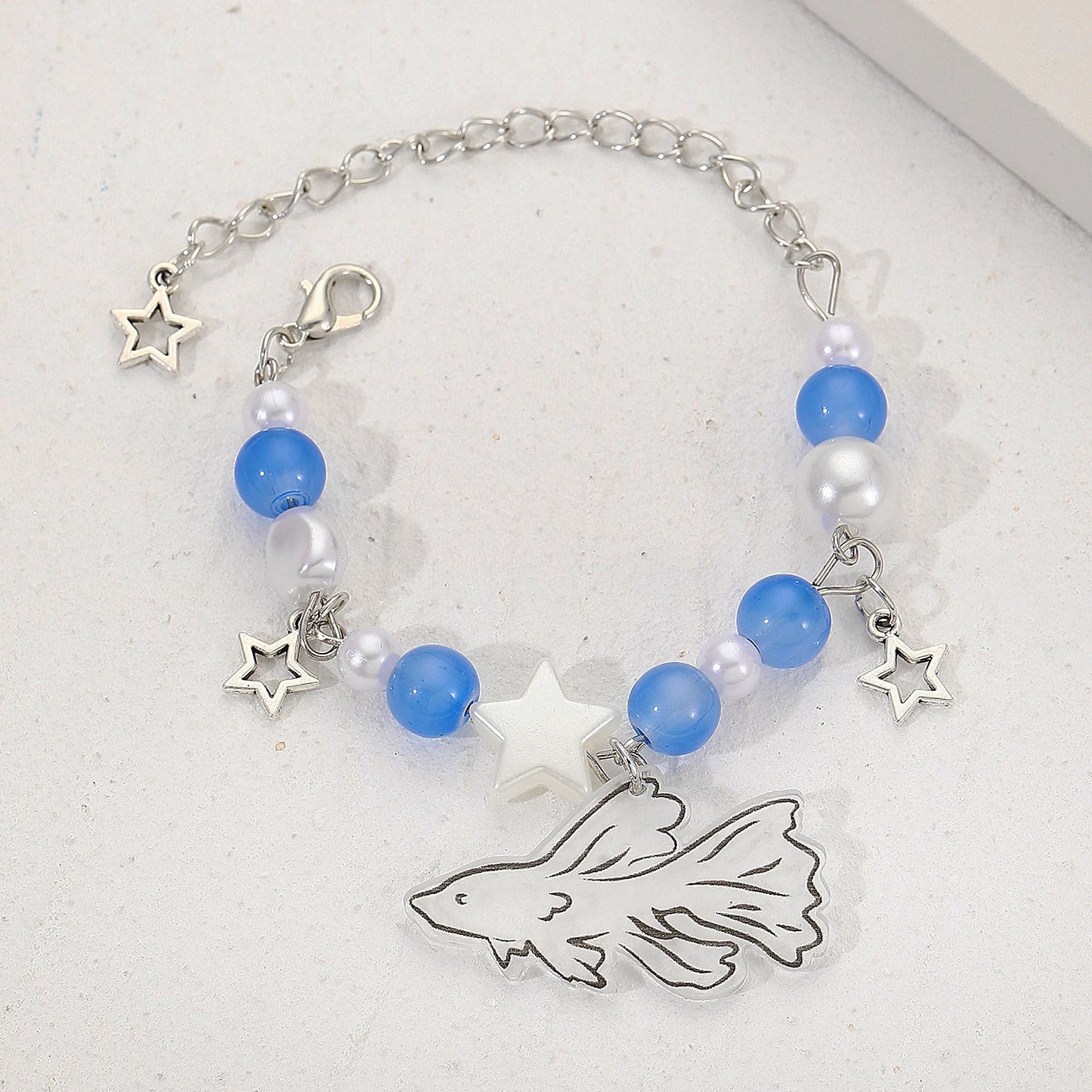 Crystal Star Pentagram Imitation Pearl Bracelet for Women Girl Vintage Aesthetic Charm Bead Fish Chain Bracelet Jewelry Gift