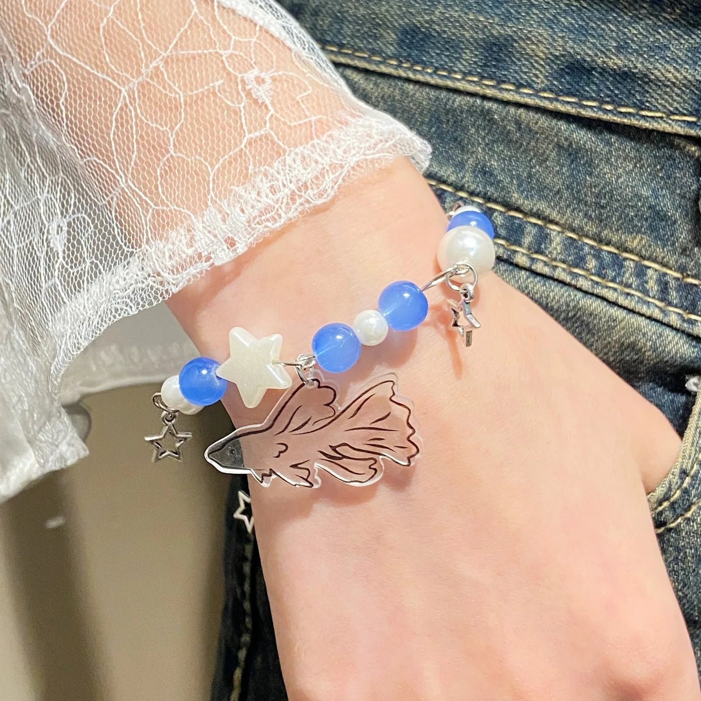 Crystal Star Pentagram Imitation Pearl Bracelet for Women Girl Vintage Aesthetic Charm Bead Fish Chain Bracelet Jewelry Gift